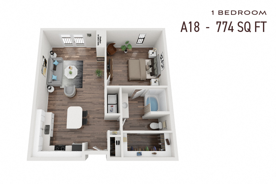 Floor plan for 1 bed, 1 bath, 774 sqft